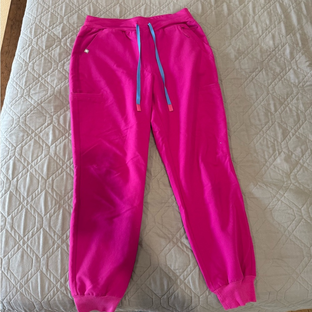 Figs  Hot Pink Jogger Sweatpants with Blue Drawstring